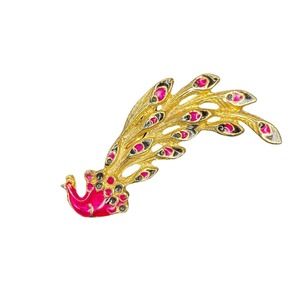 VTG Peacock Brooch Pin Gold Tone Pink Resin 2.5 Inch Bird Feathers Eye Tail EUC